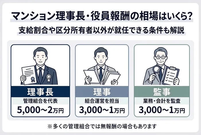 マンション理事長・役員報酬の相場はいくらかを解説する図解画像。理事長、理事、監事の報酬目安を比較